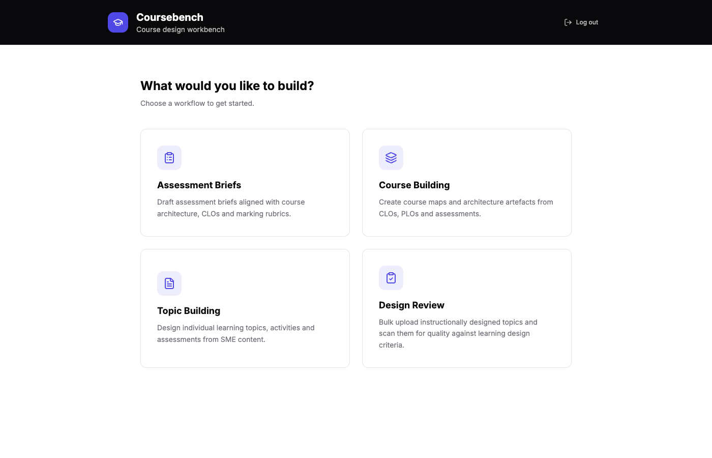 Coursebench dashboard showing saved course designs