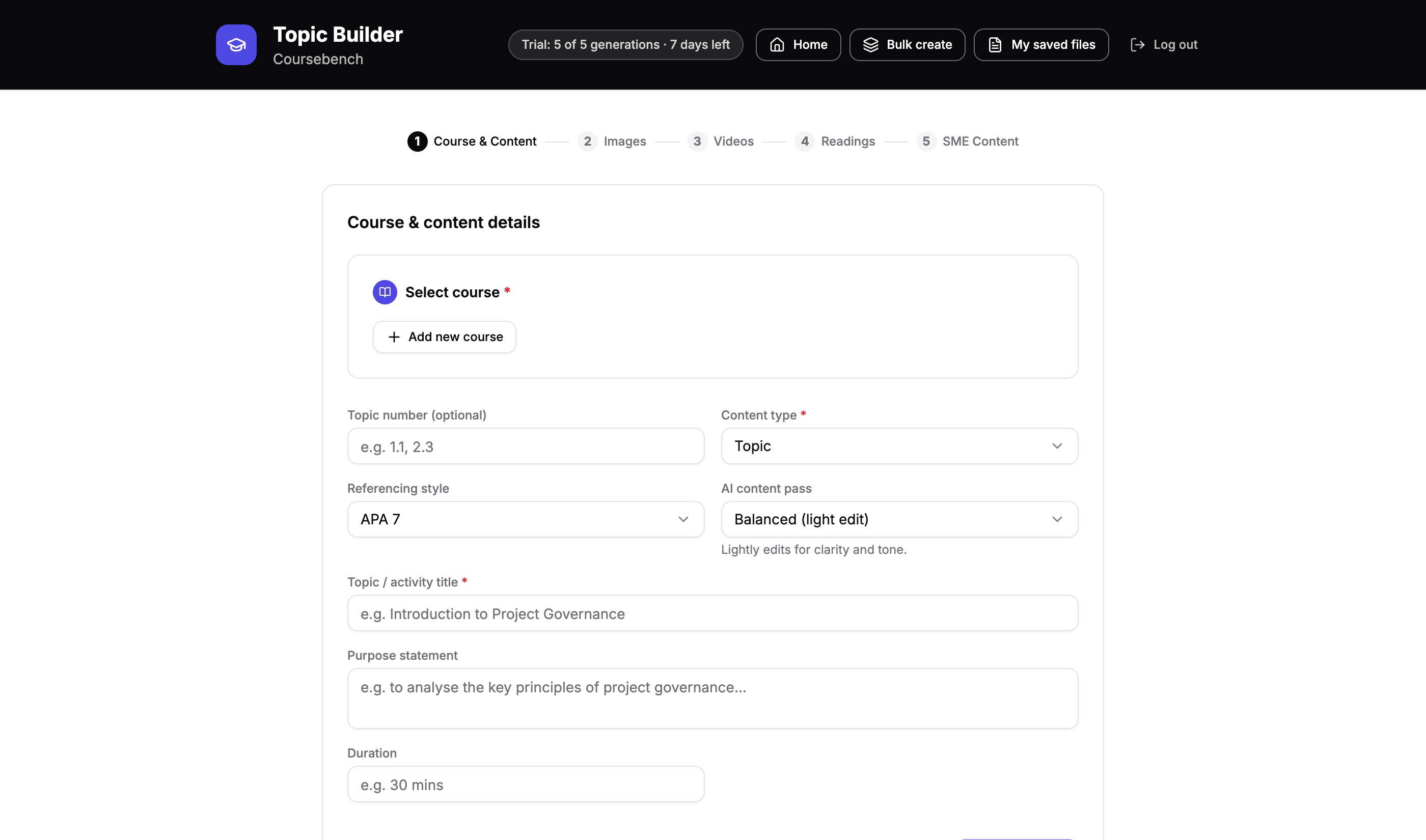 Coursebench's Course & Content details form