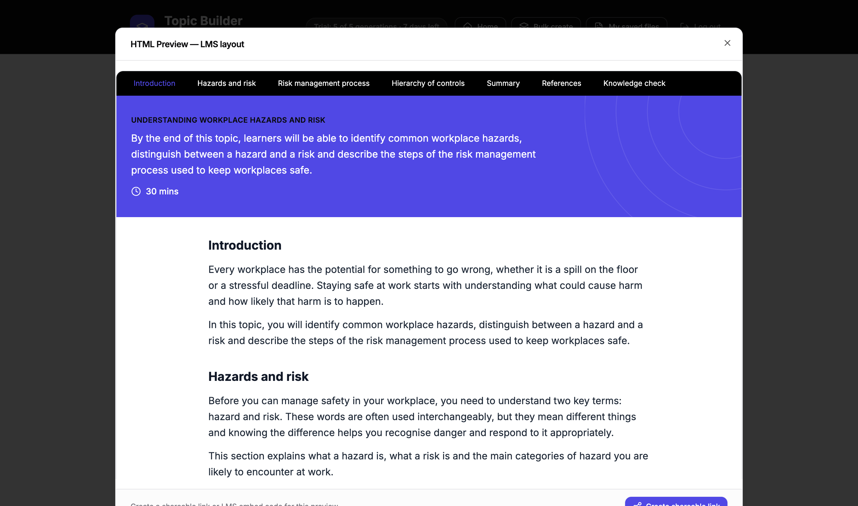 A finished, structured topic generated by Coursebench